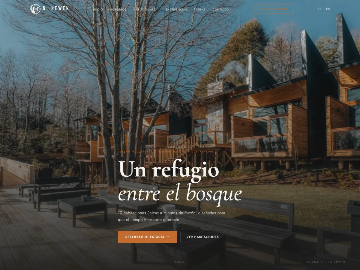 Sitio web de Ni-Newen Lodge, hotel entre el bosque en Pucón — trabajo real de LabDeco360