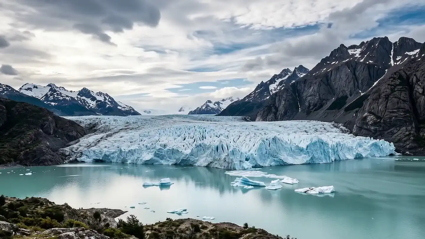 Glaciar de la Patagonia chilena frente a un lago con témpanos, entre montañas nevadas