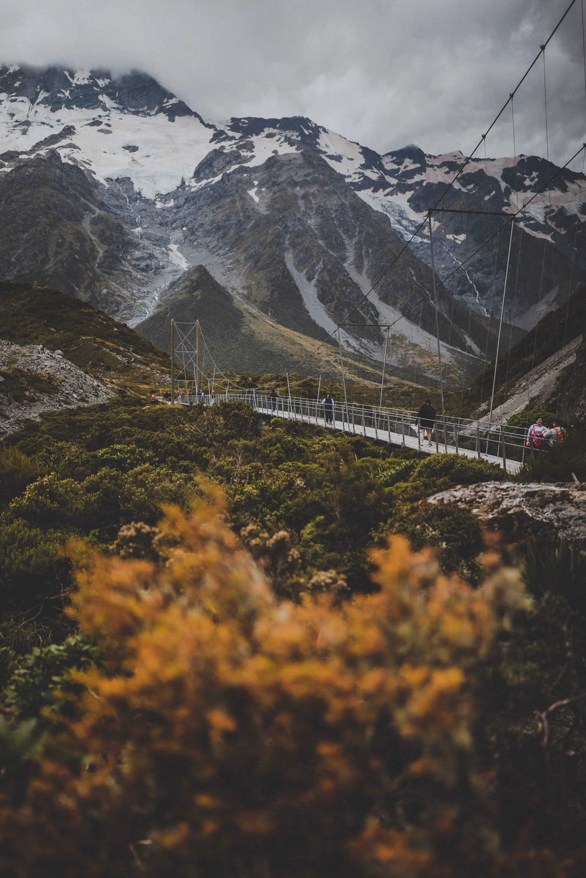 Puente colgante hacia montañas nevadas entre arbustos ámbar, paisaje austral